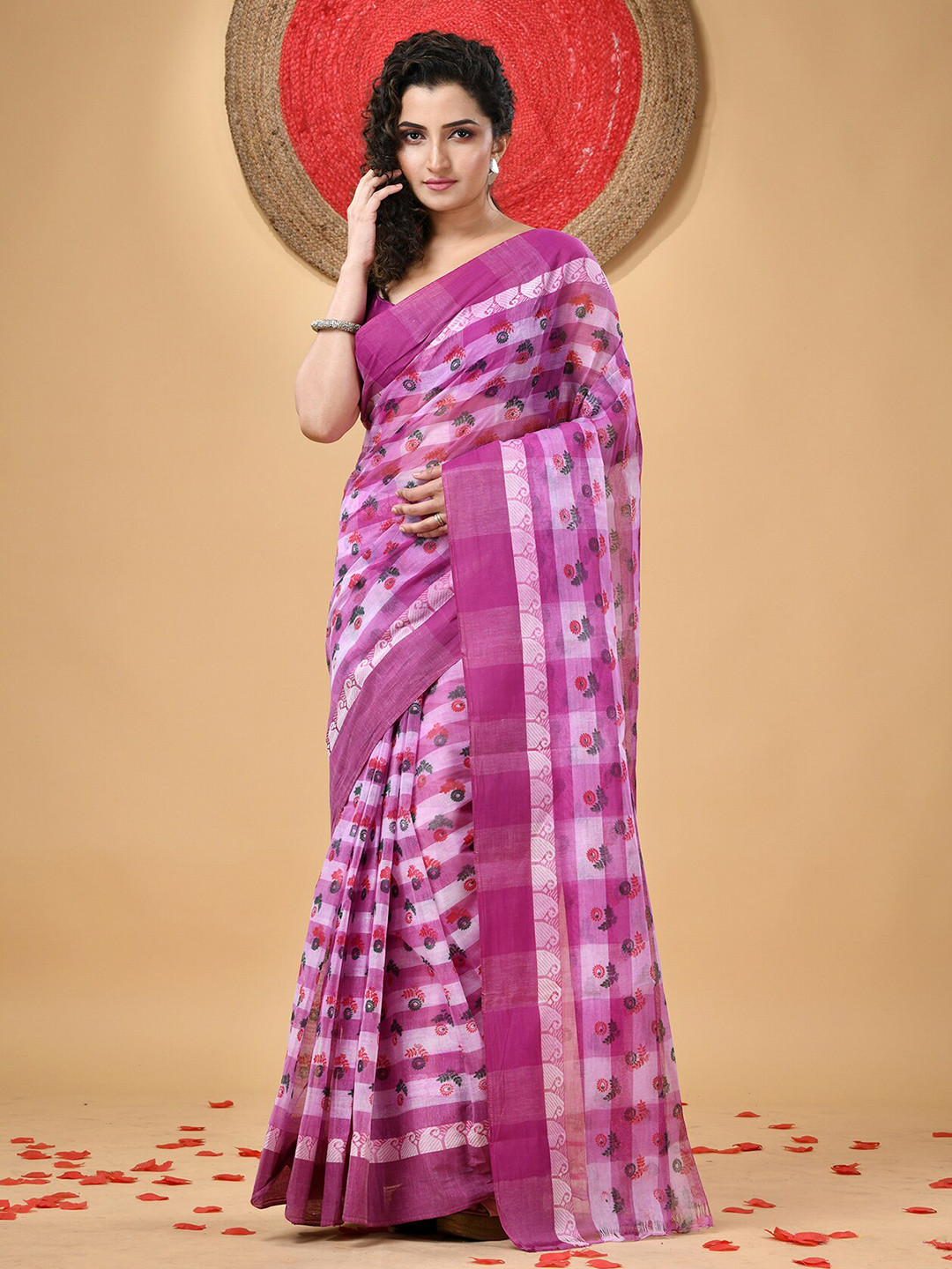 

DESH BIDESH Floral Printed Pure Cotton Block Print Saree, Purple