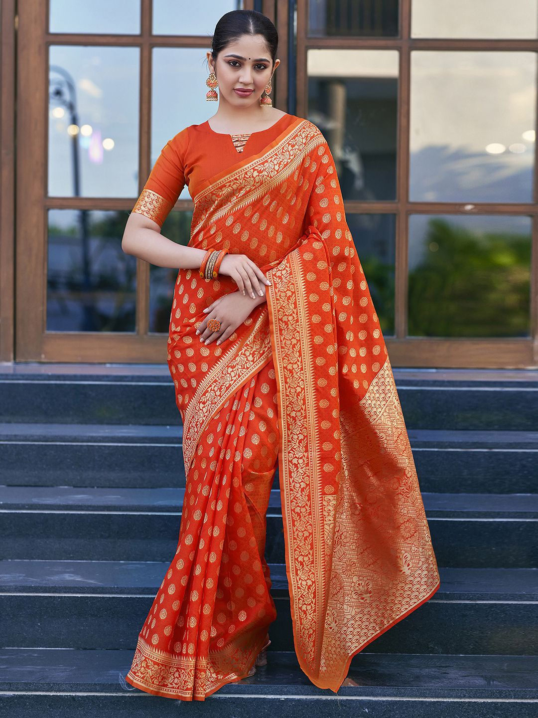 

KALINI Ethnic Motifs Woven Design Zari Banarasi Saree, Orange