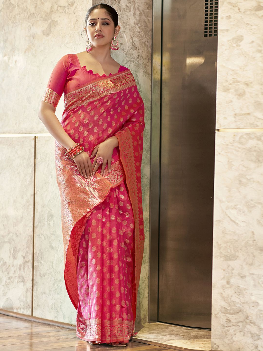 

KALINI Ethnic Motifs Woven Design Zari Art Silk Banarasi Saree, Pink