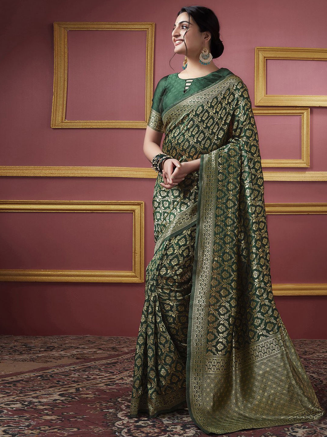 

KALINI Ethnic Motifs Woven Design Zari Banarasi Saree, Green