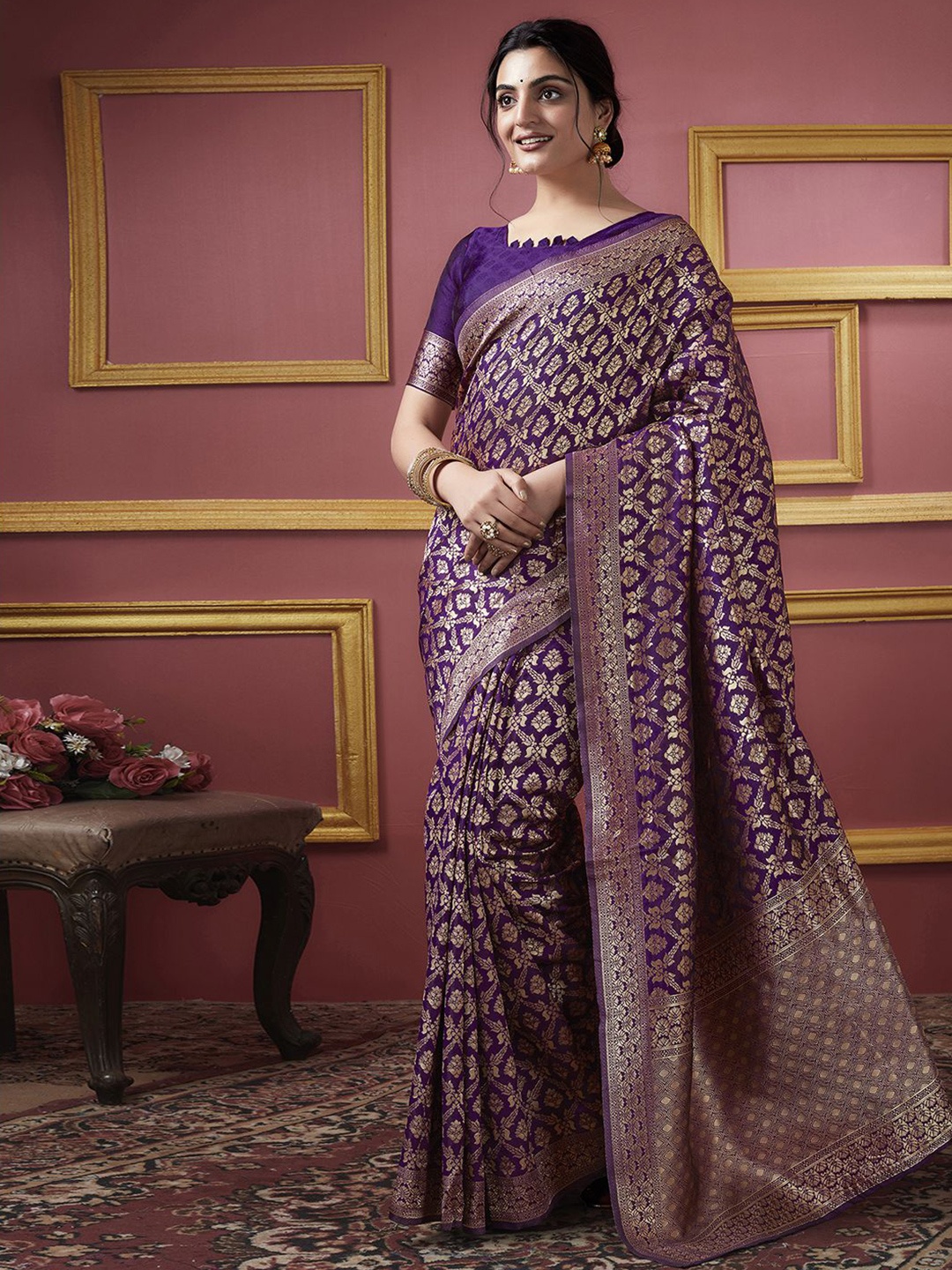 

KALINI Floral Woven Design Zari Art Silk Banarasi Saree, Purple