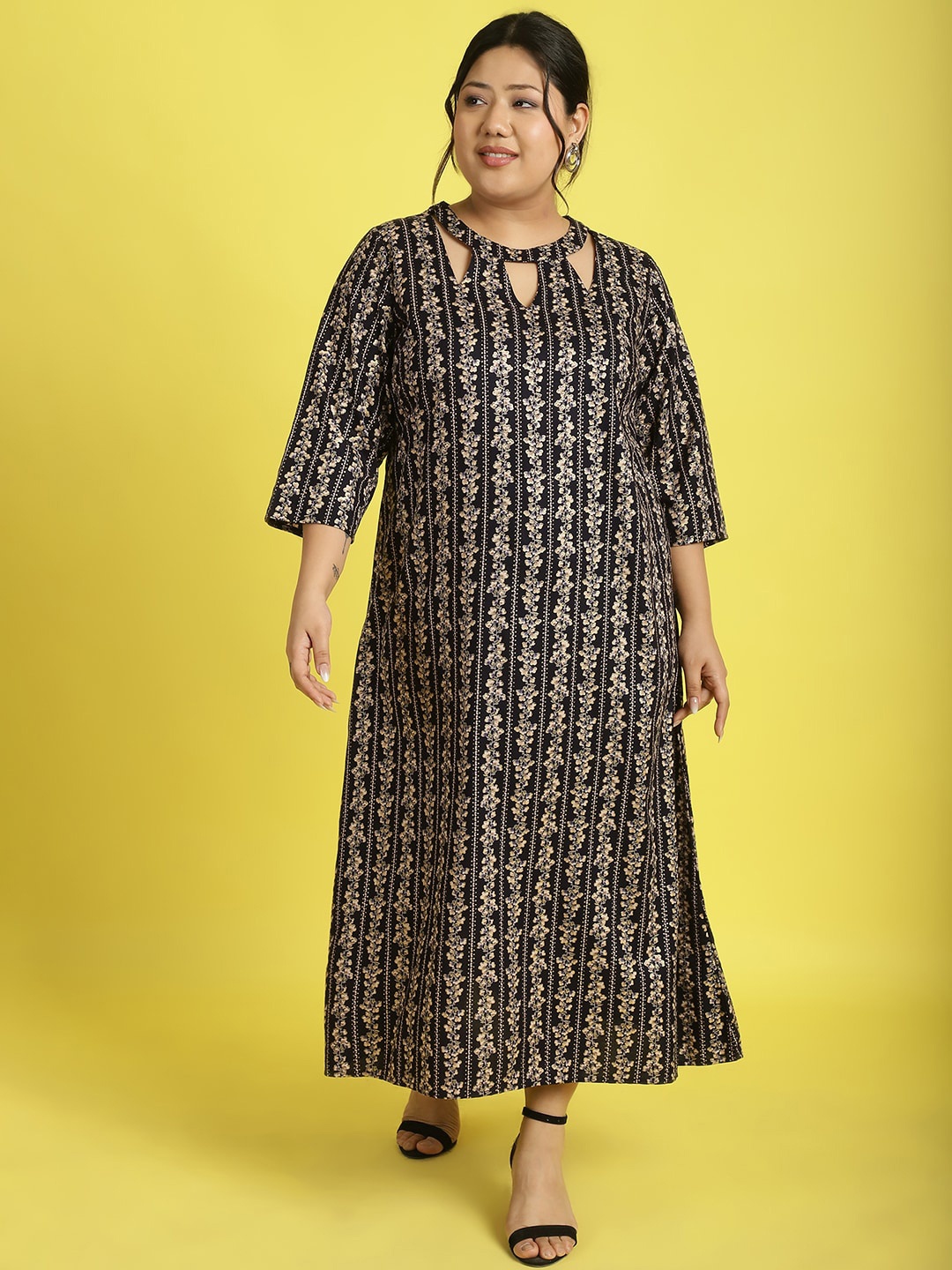 

theRebelinme Print Keyhole Neck A-Line Maxi Dress, Navy blue