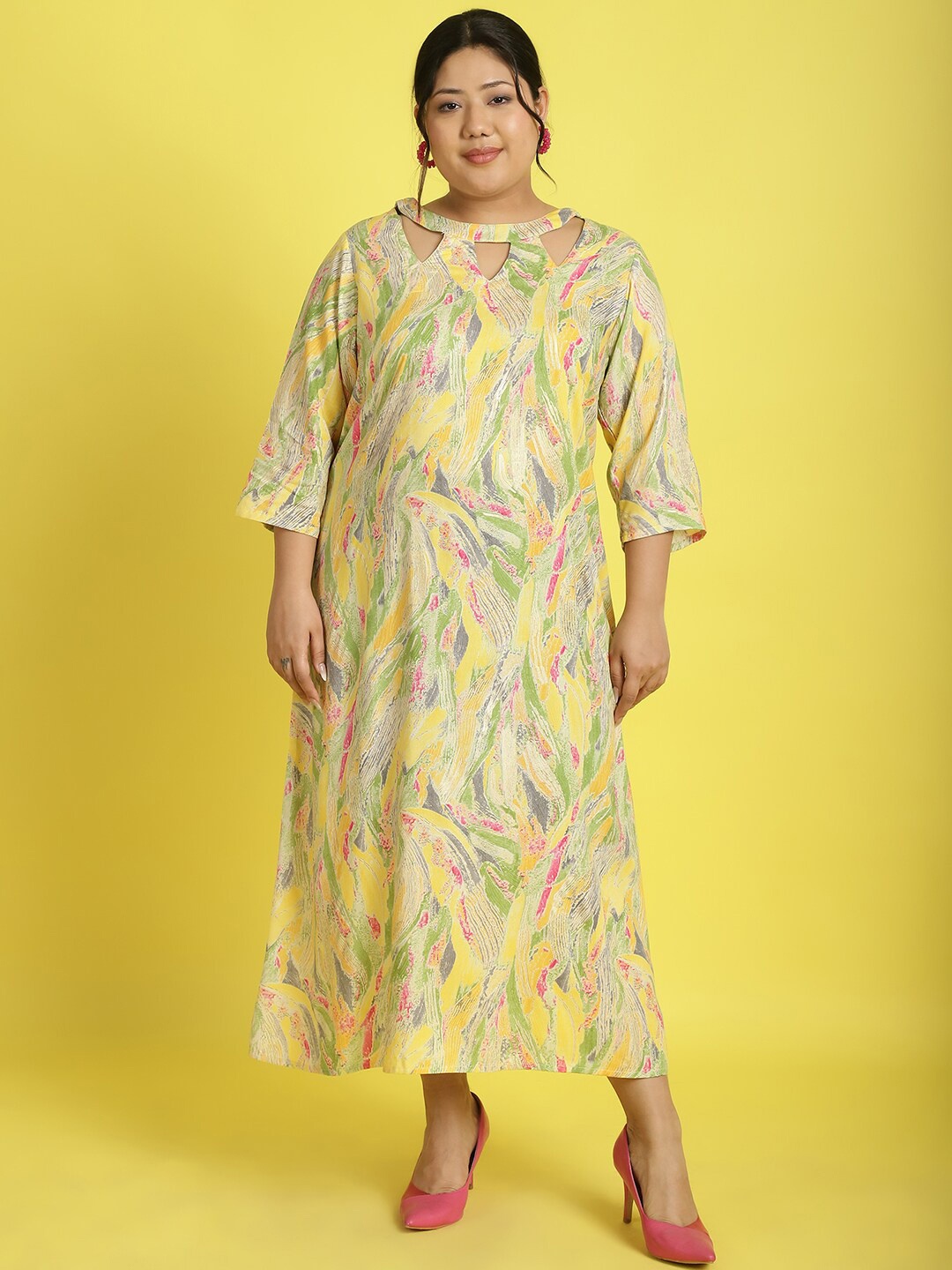 

theRebelinme Plus Size Abstract Printed Keyhole Neck A-Line Midi Dress, Yellow
