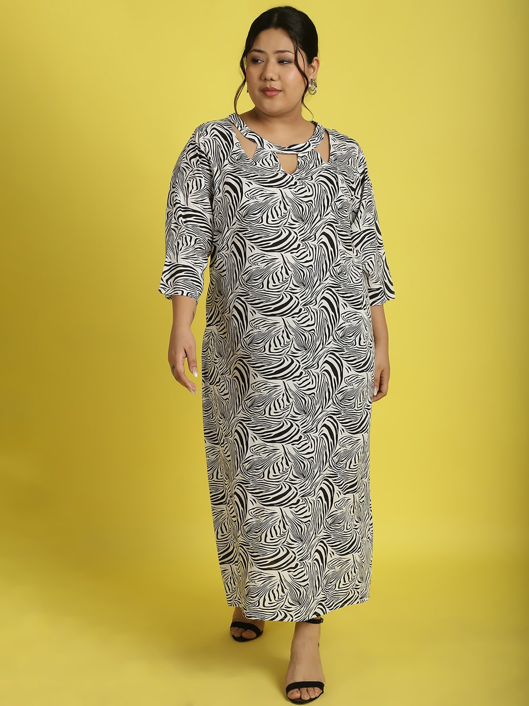 

theRebelinme Ethnic Motifs Printed Keyhole Neck Maxi Dress, White