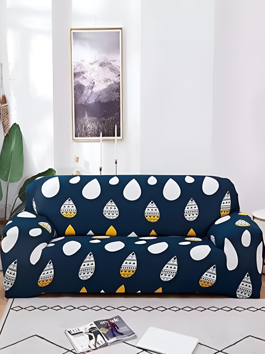 

Furshine Navy Blue & White Triple Seater Printed Sofa Cover With Arms
