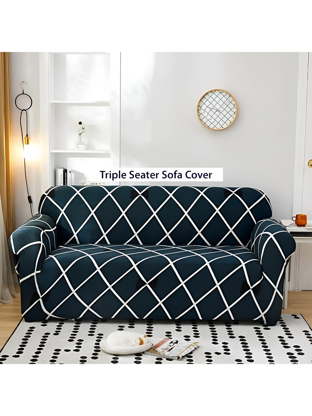 

Furshine Blue & White Triple Seater Checked Sofa Cover With Arms