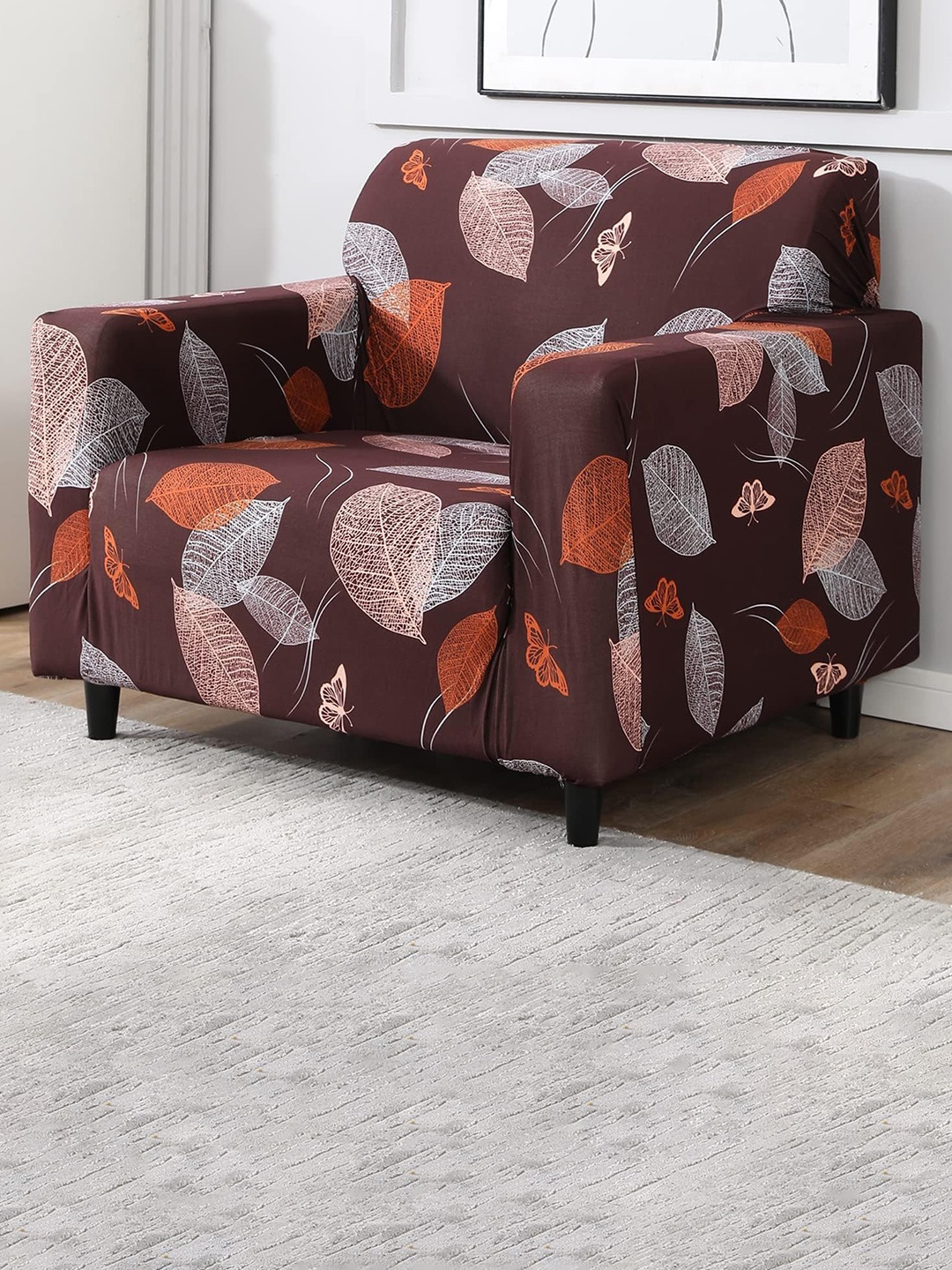 

Furshine Brown & Orange Printed Single Seater Sofa Cover With Arms