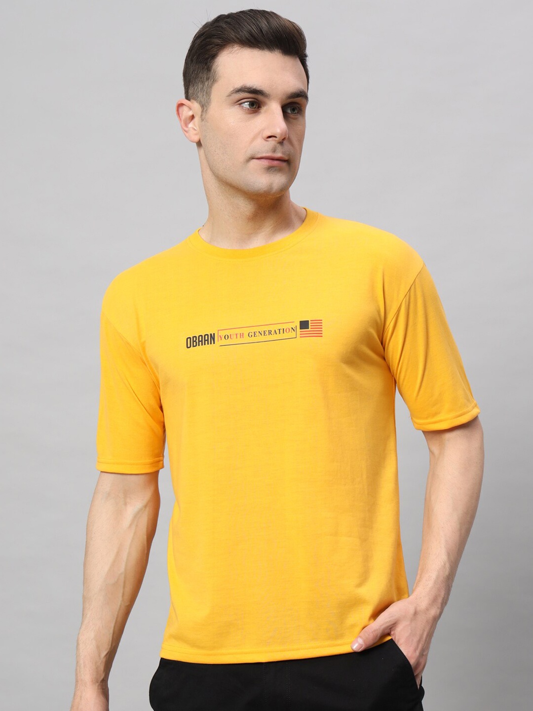 

Obaan Typography Printed Round Neck Cotton T-shirt, Yellow