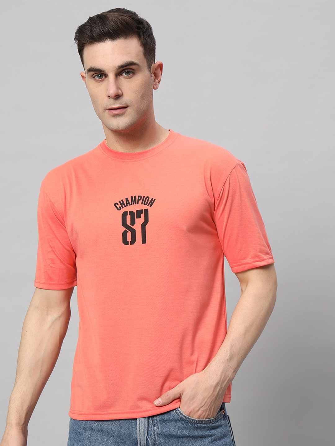 

Obaan Typography Printed Round Neck Cotton T-shirt, Peach