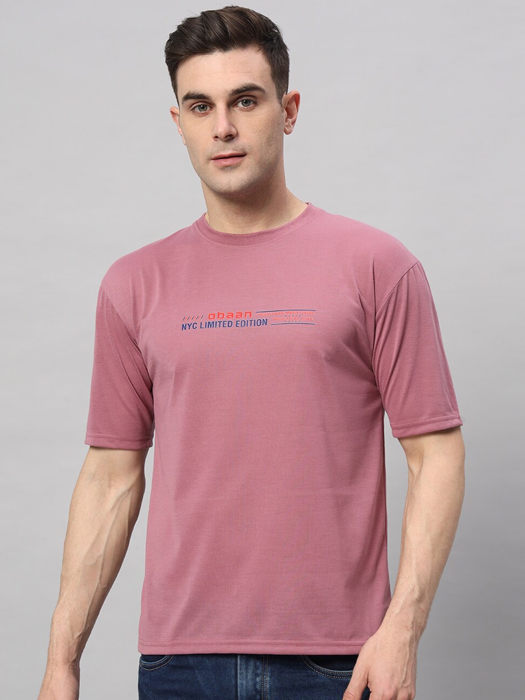 

Obaan Typography Printed Round Neck Cotton T-shirt, Purple