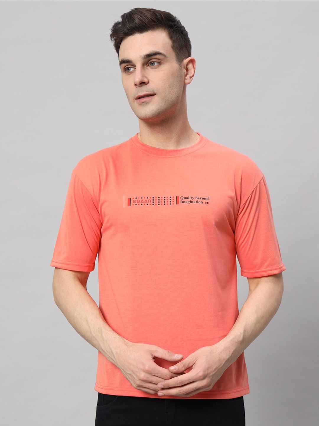 Obaan Printed Round Neck T-shirt, Peach