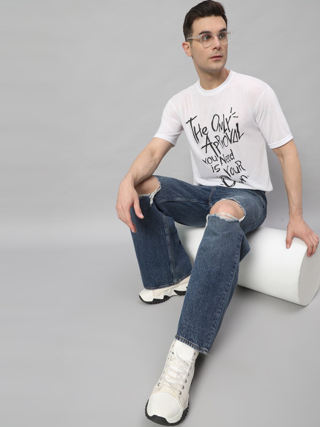 

Obaan Typography Printed Round Neck Cotton T-shirt, White