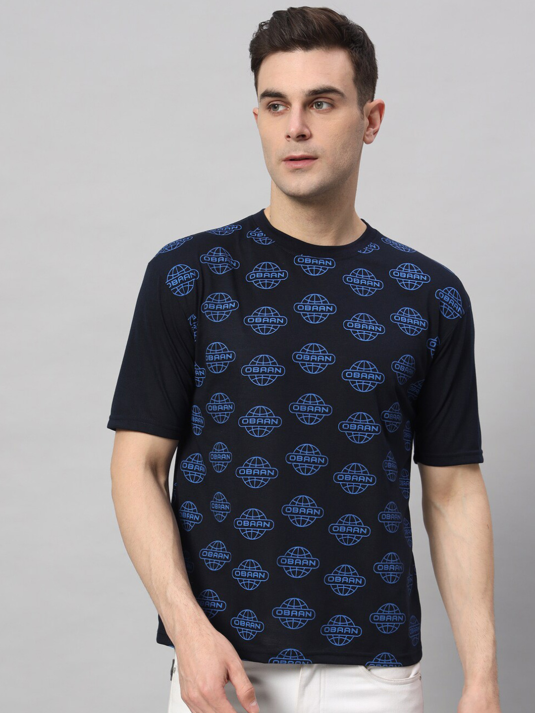 

Obaan Typography Printed Round Neck Cotton T-shirt, Black