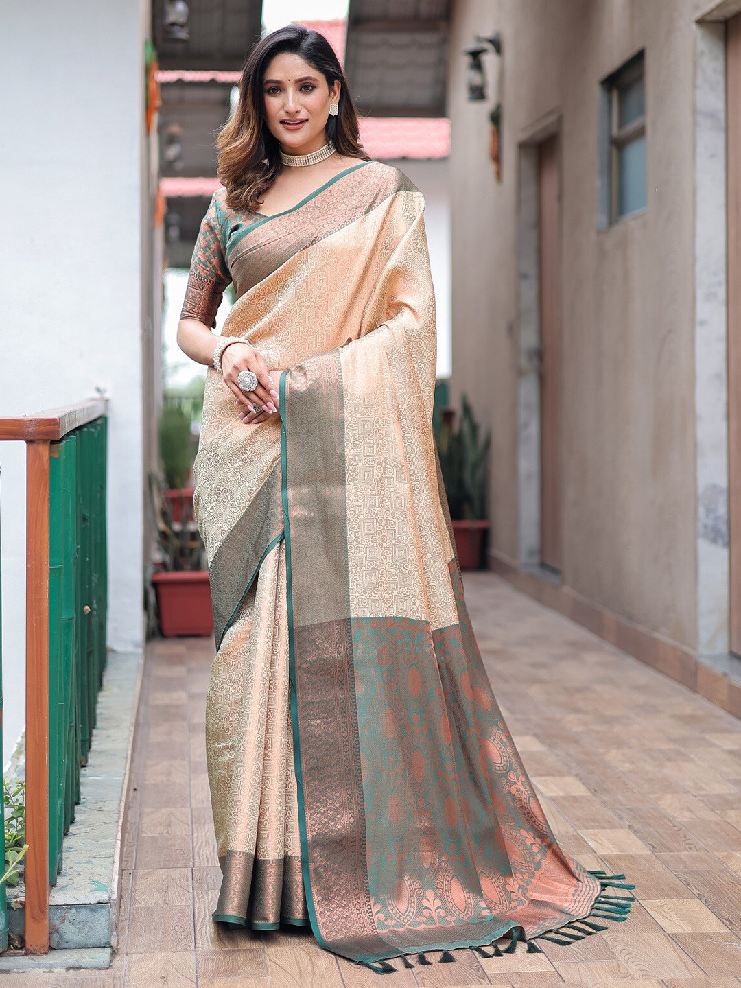 

Anouk Beige Ethnic Motifs Woven Design Zari Kanjeevaram Saree