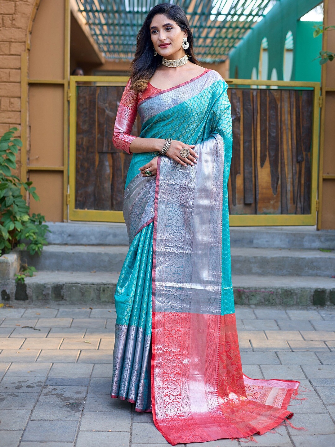 

Anouk Teal Blue Ethnic Motifs Woven Design Zari Kanjeevaram Saree