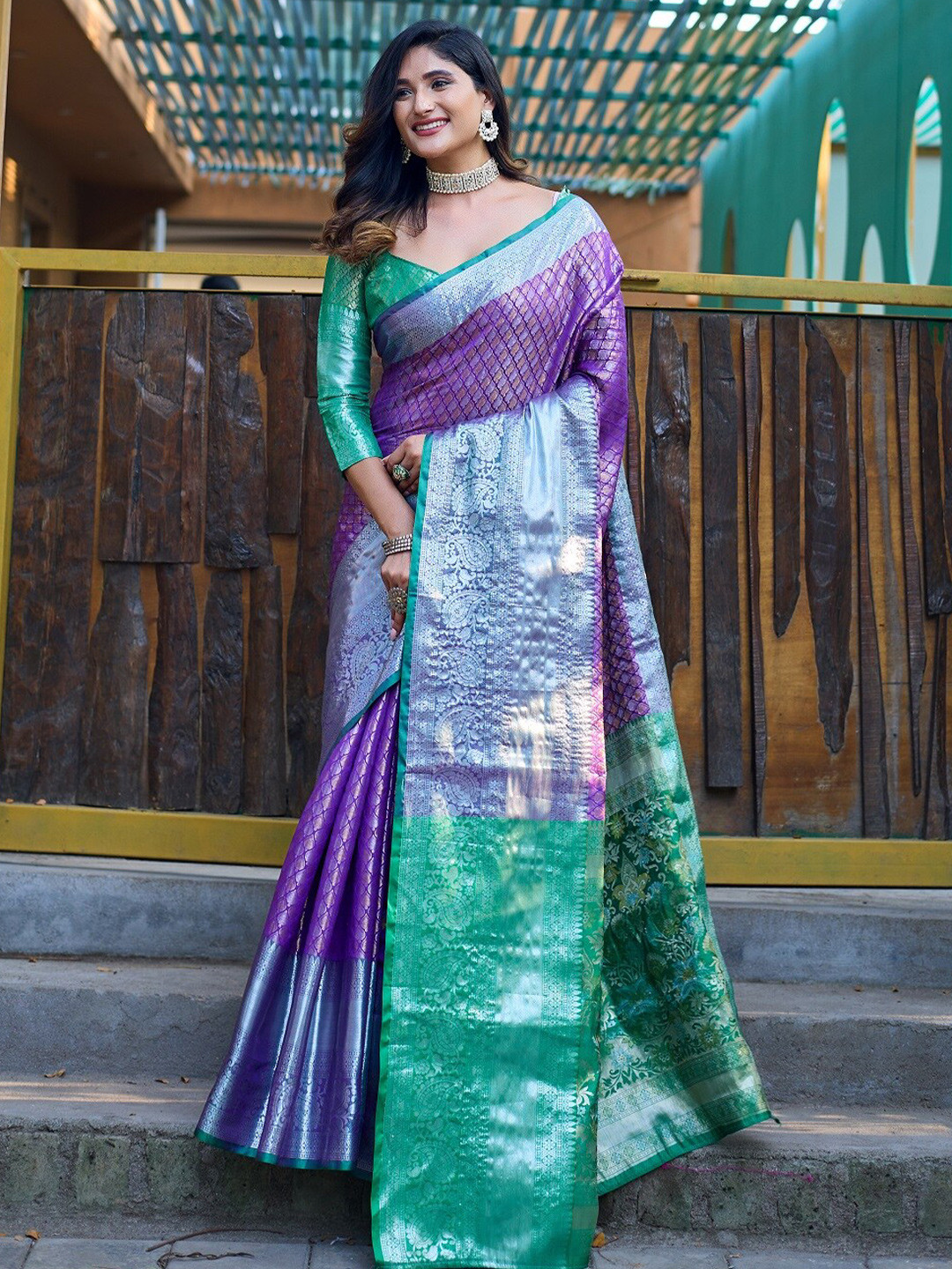

Anouk Purple Ethnic Motifs Woven Design Zari Kanjeevaram Saree