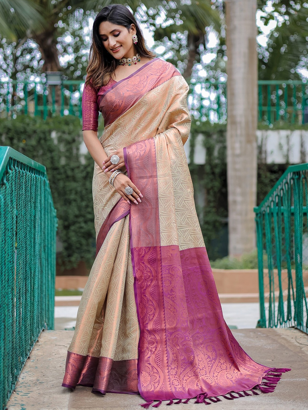 

Anouk Beige Ethnic Motifs Woven Design Zari Kanjeevaram Saree