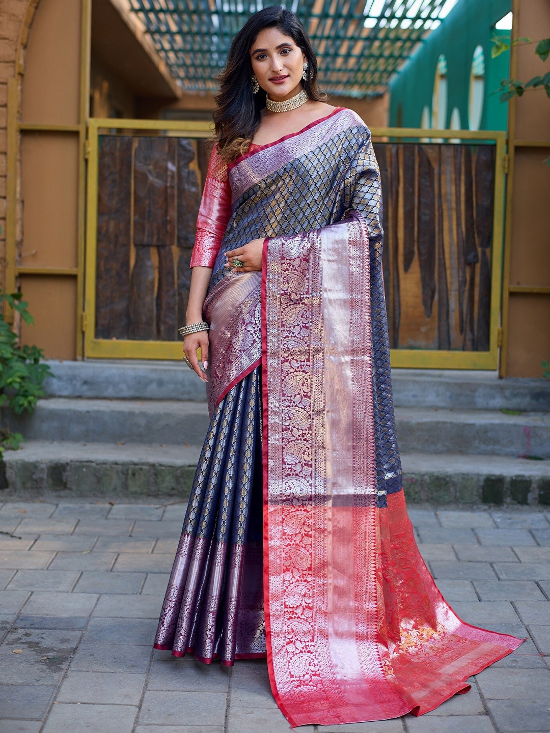 

Anouk Grey Ethnic Motifs Woven Design Zari Kanjeevaram Saree
