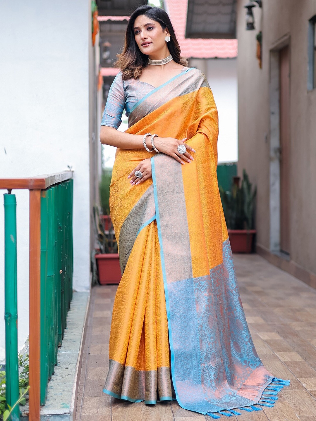 

Anouk Mustard Ethnic Motifs Woven Design Zari Silk Blend Kanjeevaram Saree