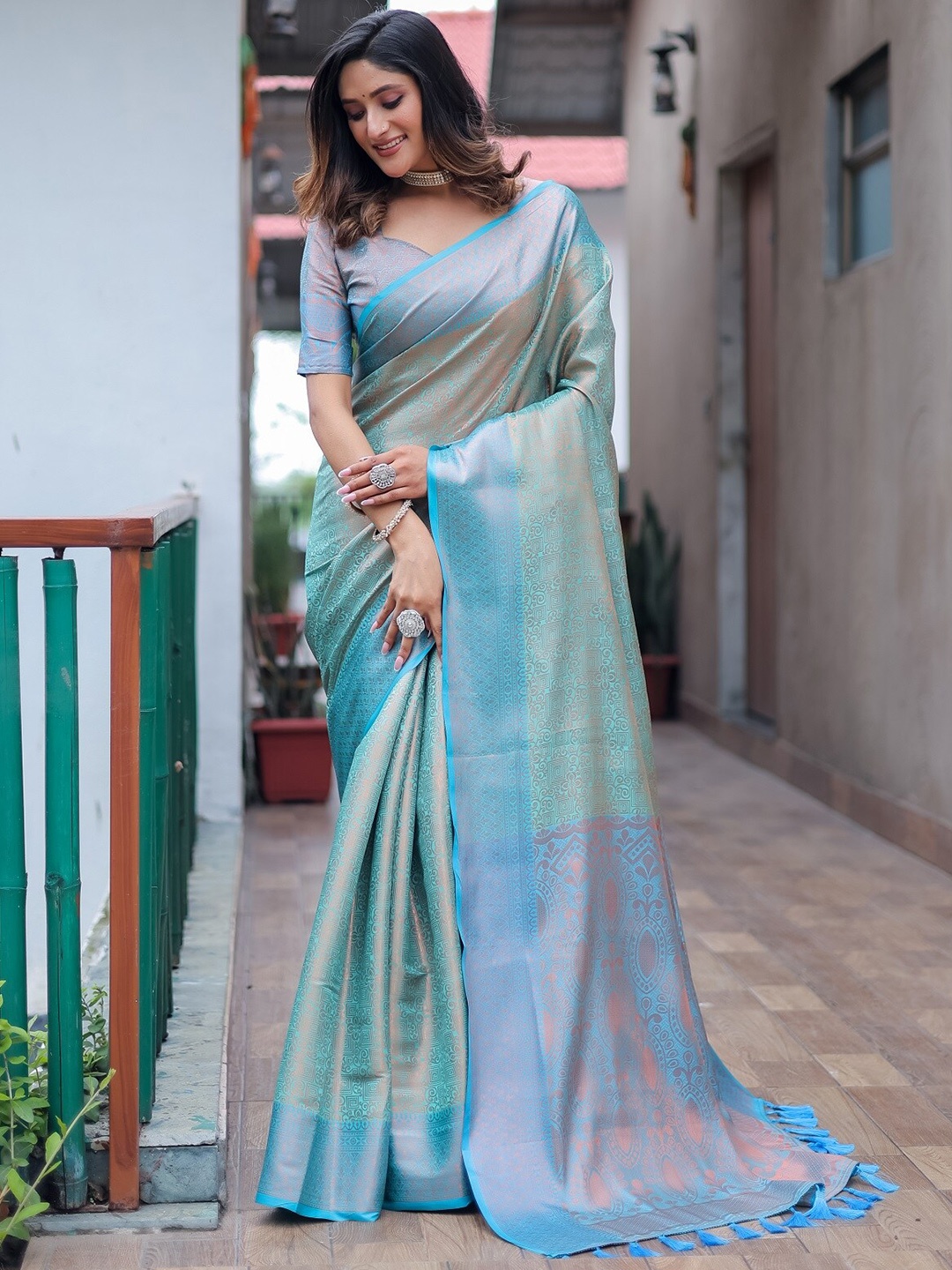 

Anouk Blue Ethnic Motifs Woven Design Zari Kanjeevaram Saree
