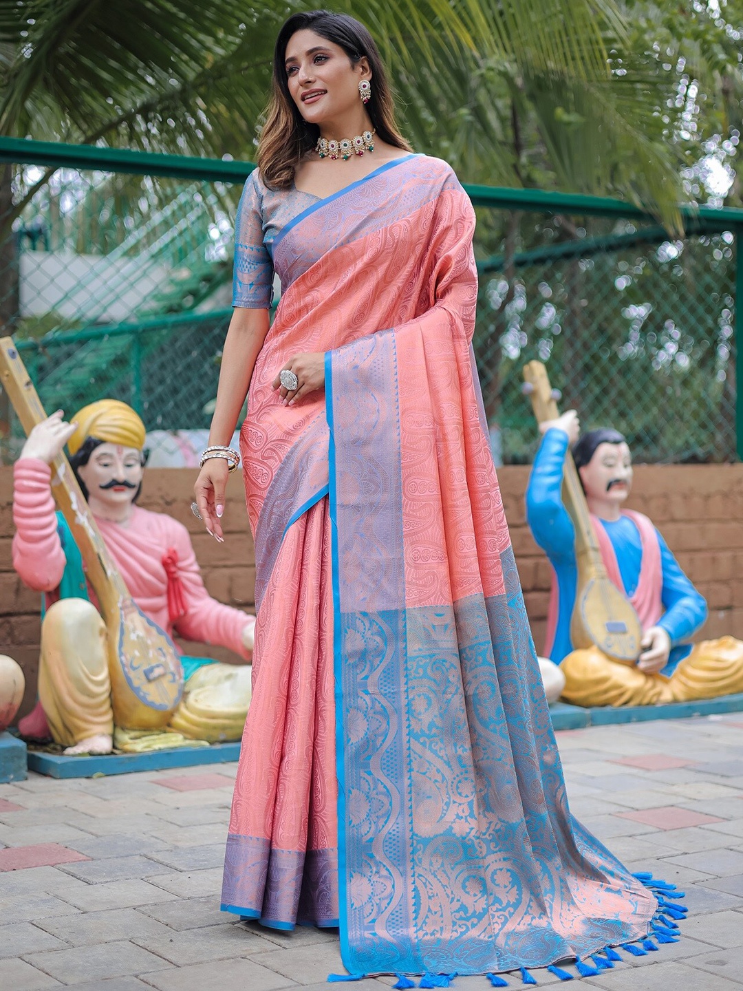

Anouk Pink Ethnic Motifs Woven Design Zari Silk Blend Kanjeevaram Saree