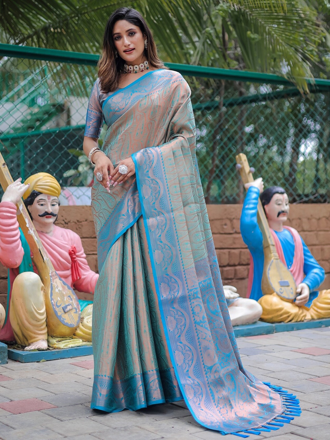 

Anouk Blue Ethnic Motifs Woven Design Zari Silk Blend Kanjeevaram Saree