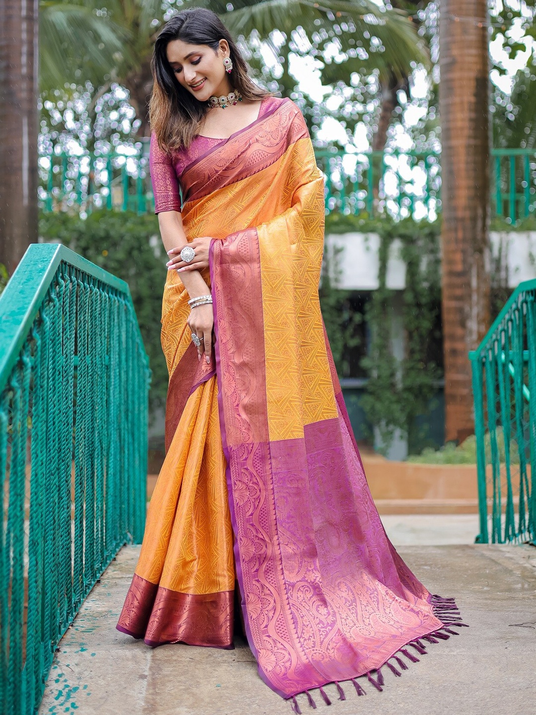

Anouk Mustard Ethnic Motifs Woven Design Zari Silk Blend Kanjeevaram Saree