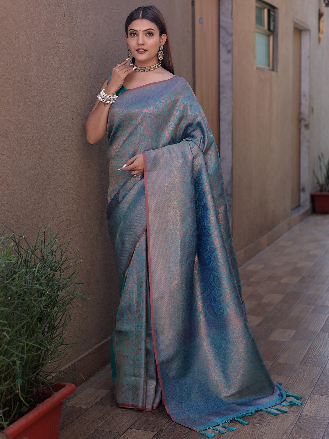 

Anouk Teal Ethnic Motifs Woven Design Zari Silk Blend Kanjeevaram Saree