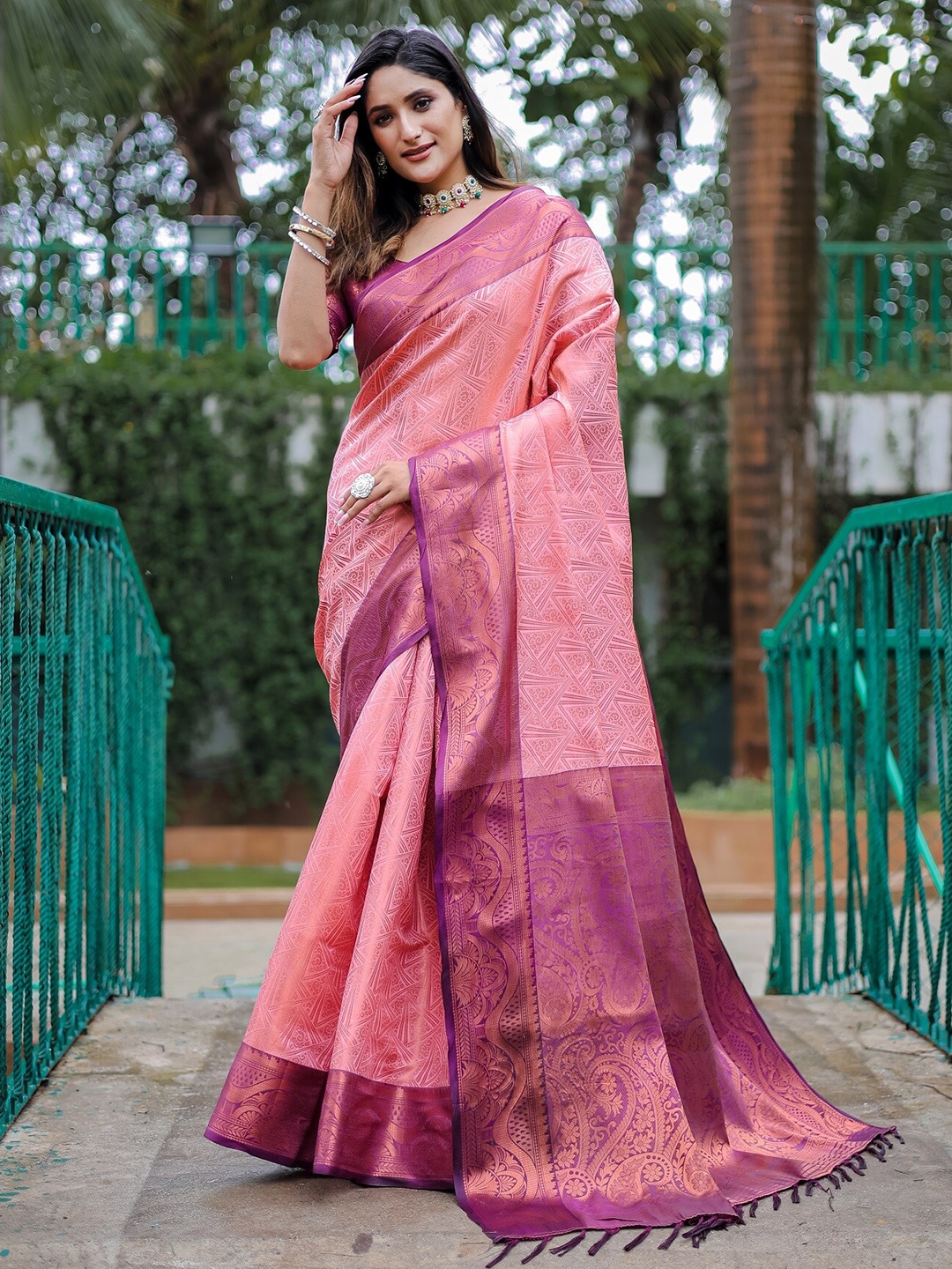 

Anouk Pink Ethnic Motifs Woven Design Zari Silk Blend Kanjeevaram Saree
