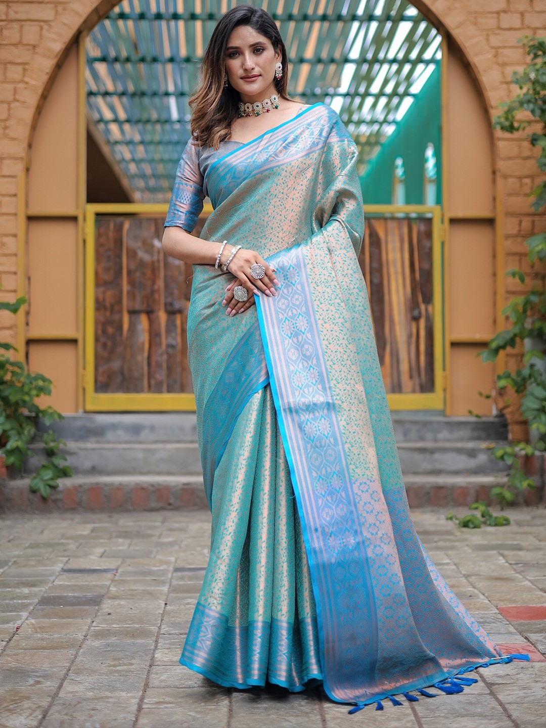 

Anouk Blue Ethnic Motifs Woven Design Zari Kanjeevaram Saree