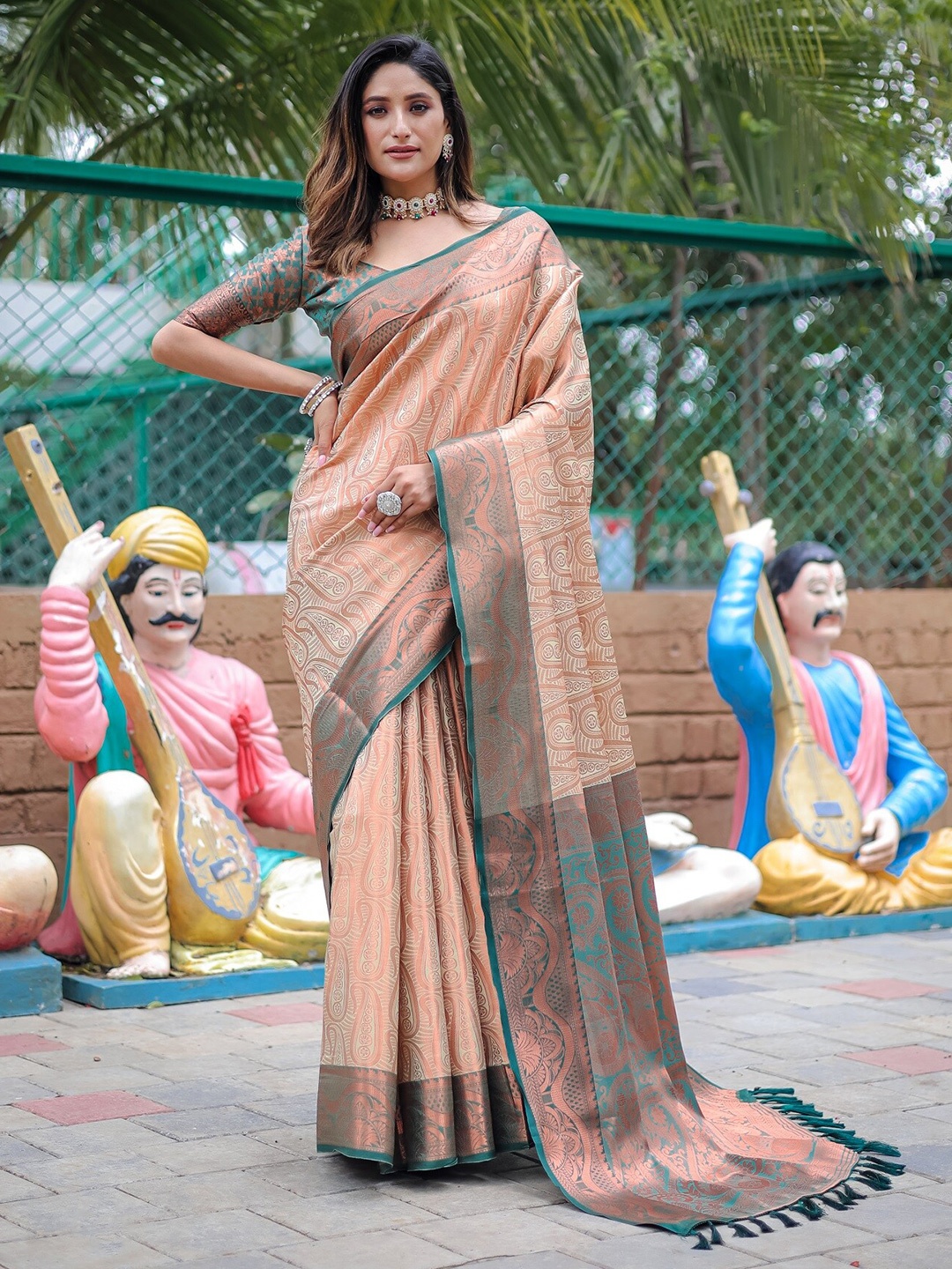 

Anouk Beige Ethnic Motifs Woven Design Zari Kanjeevaram Saree