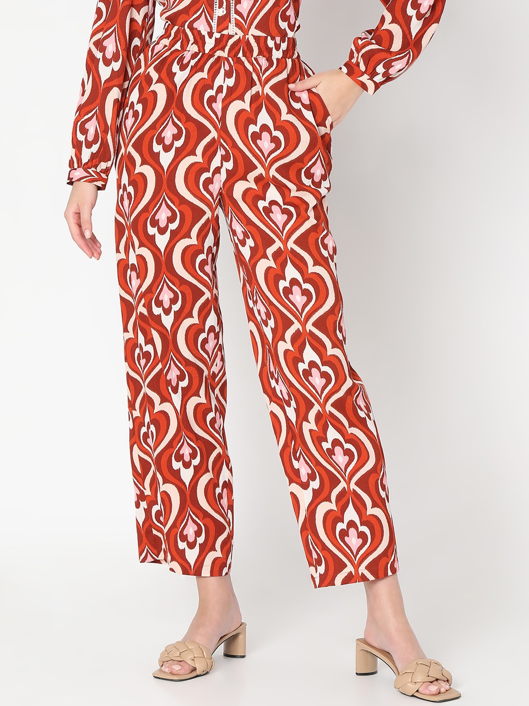 

Vero Moda Women Ethnic Motifs Printed Straight Fit High-Rise Parallel Trouser, Orange