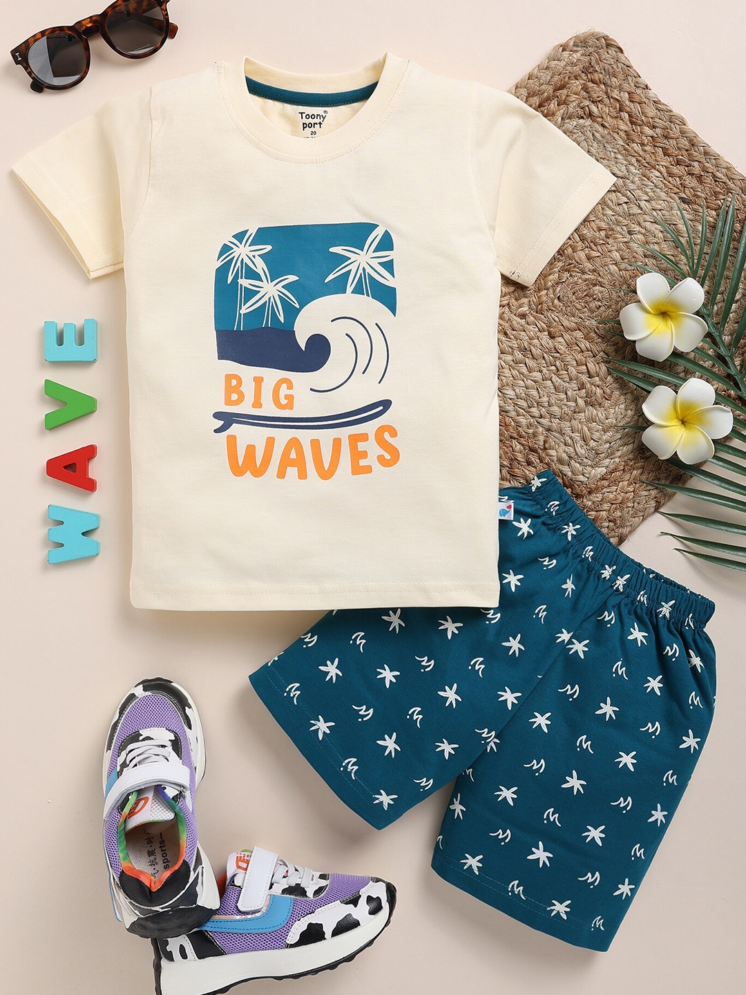 

Toonyport Boys Graphic Printed Pure Cotton T-shirt with Shorts, Cream