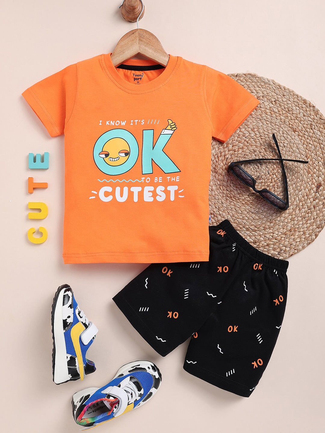 

Toonyport Boys Typography Printed Pure Cotton Top with Shorts, Orange