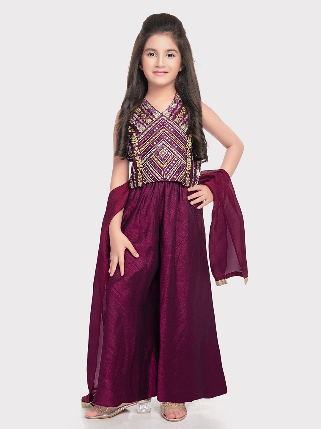 Tiny Kingdom Embellished Top With Palazzo & Dupatta, Maroon