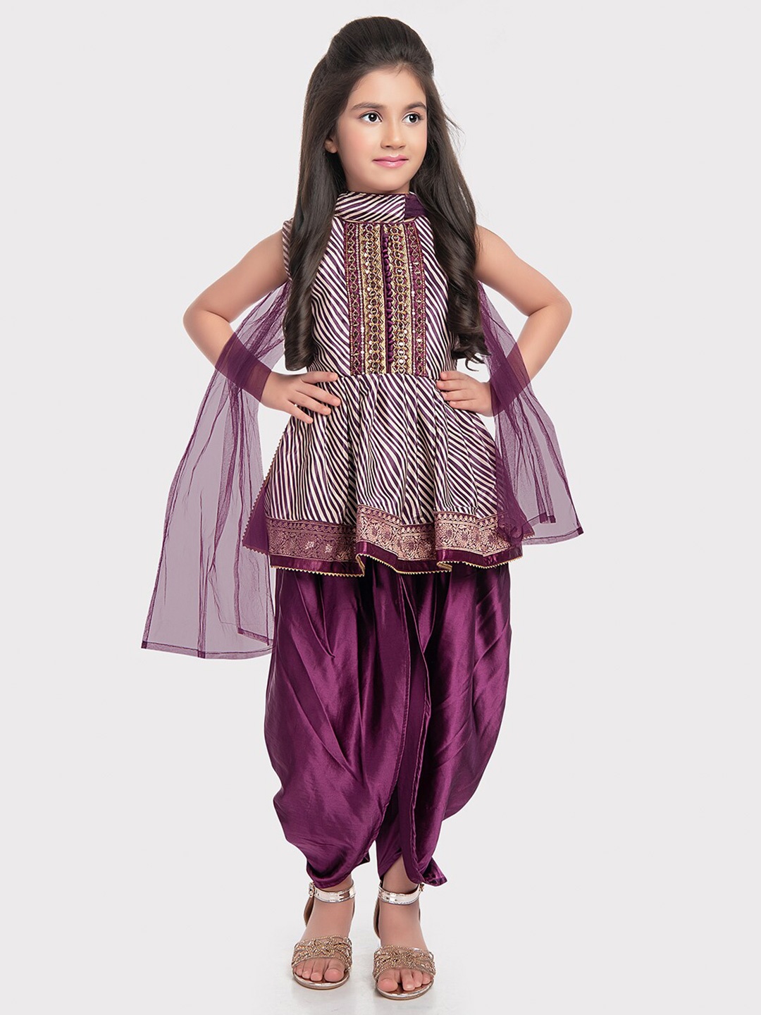 

Tiny Kingdom Girls Striped A-Line Kurti With Dhoti Pant & Dupatta, Maroon