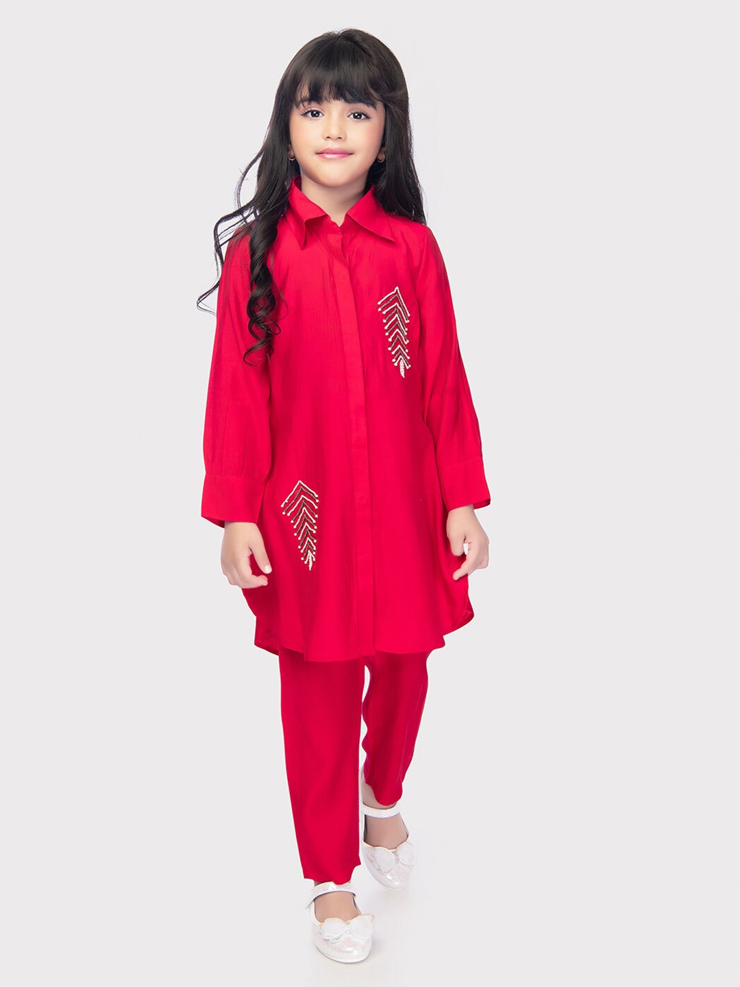 Tiny Kingdom Girls Shirt Collar Thread Work Straight Kurta With Trouser, Pink
