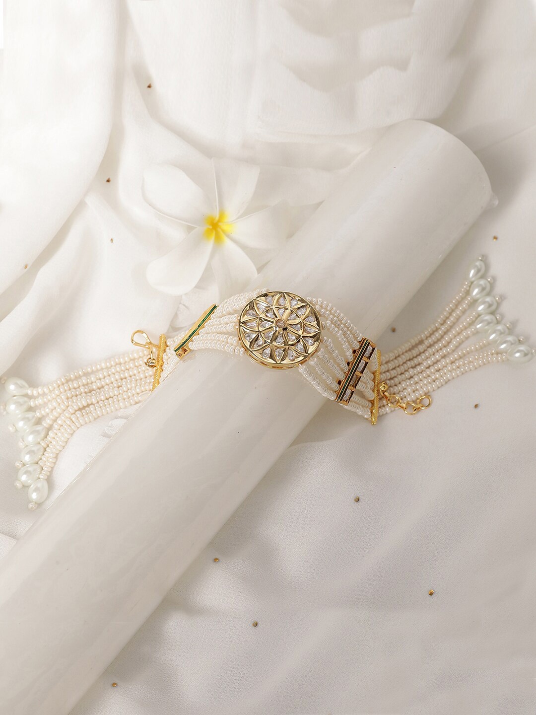 

XAGO Gold-Plated Kundan Studded & Pearls Beaded Wraparound Bracelet