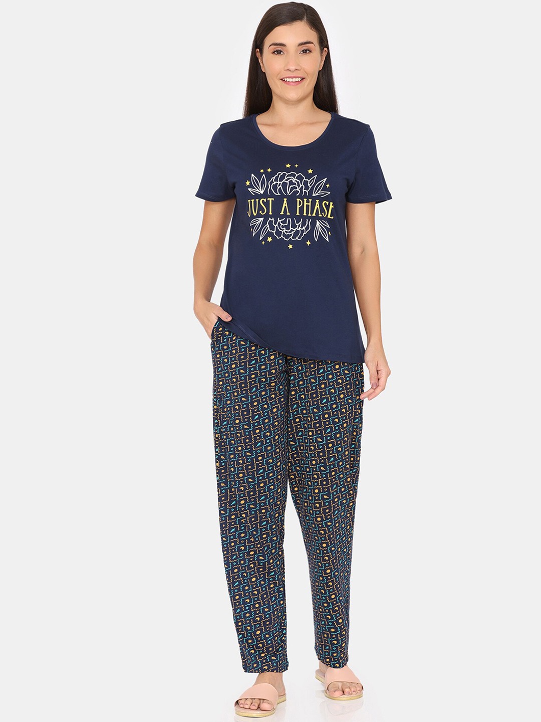 

Rosaline by Zivame Typography Printed Pure Cotton Night Suit, Blue