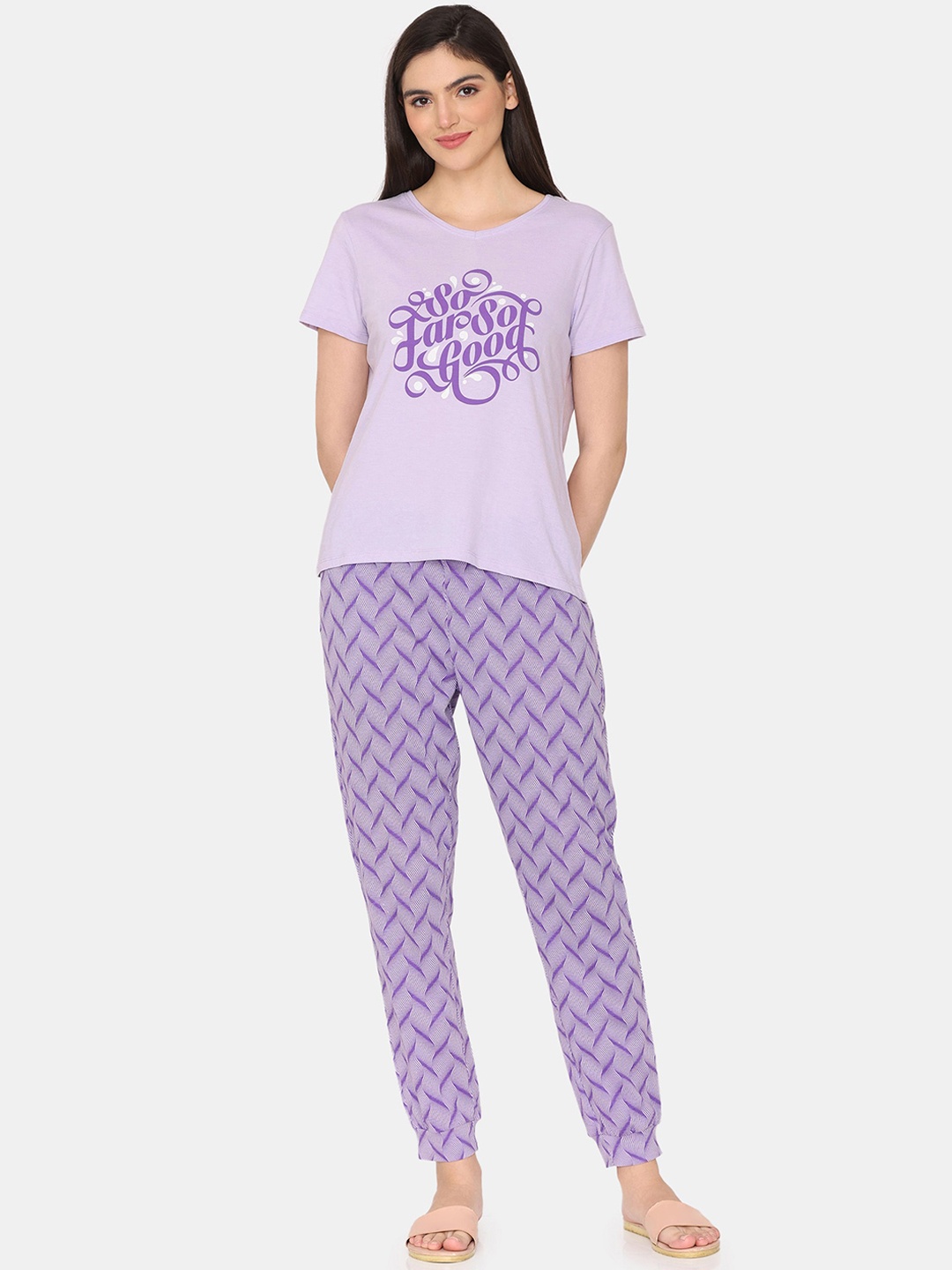 

Rosaline by Zivame Printed T-shirt & Pyjamas Night suit, Blue