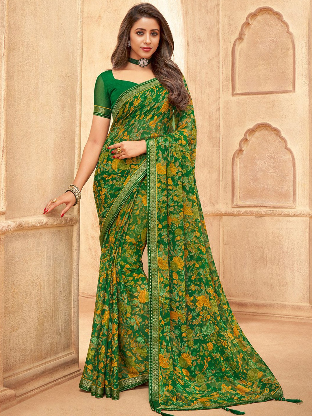 

Mitera Floral Printed Zari Ready to Wear Sungudi Saree, Green