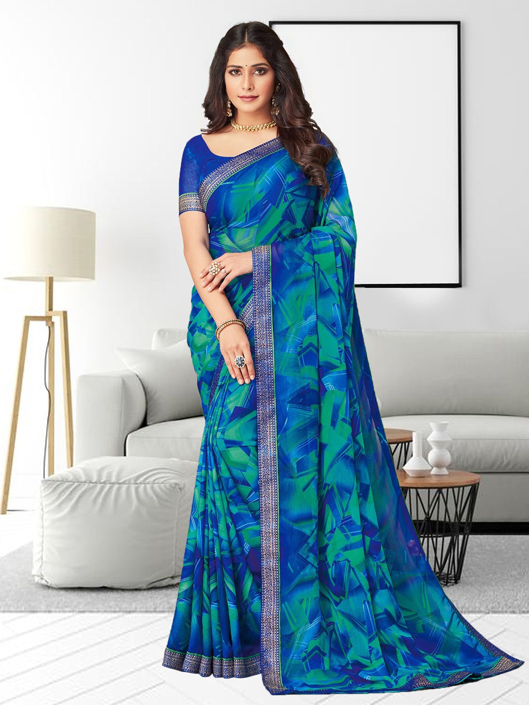 

Mitera Zari Poly Chiffon Heavy Work Sungudi Ready to Wear Saree, Blue