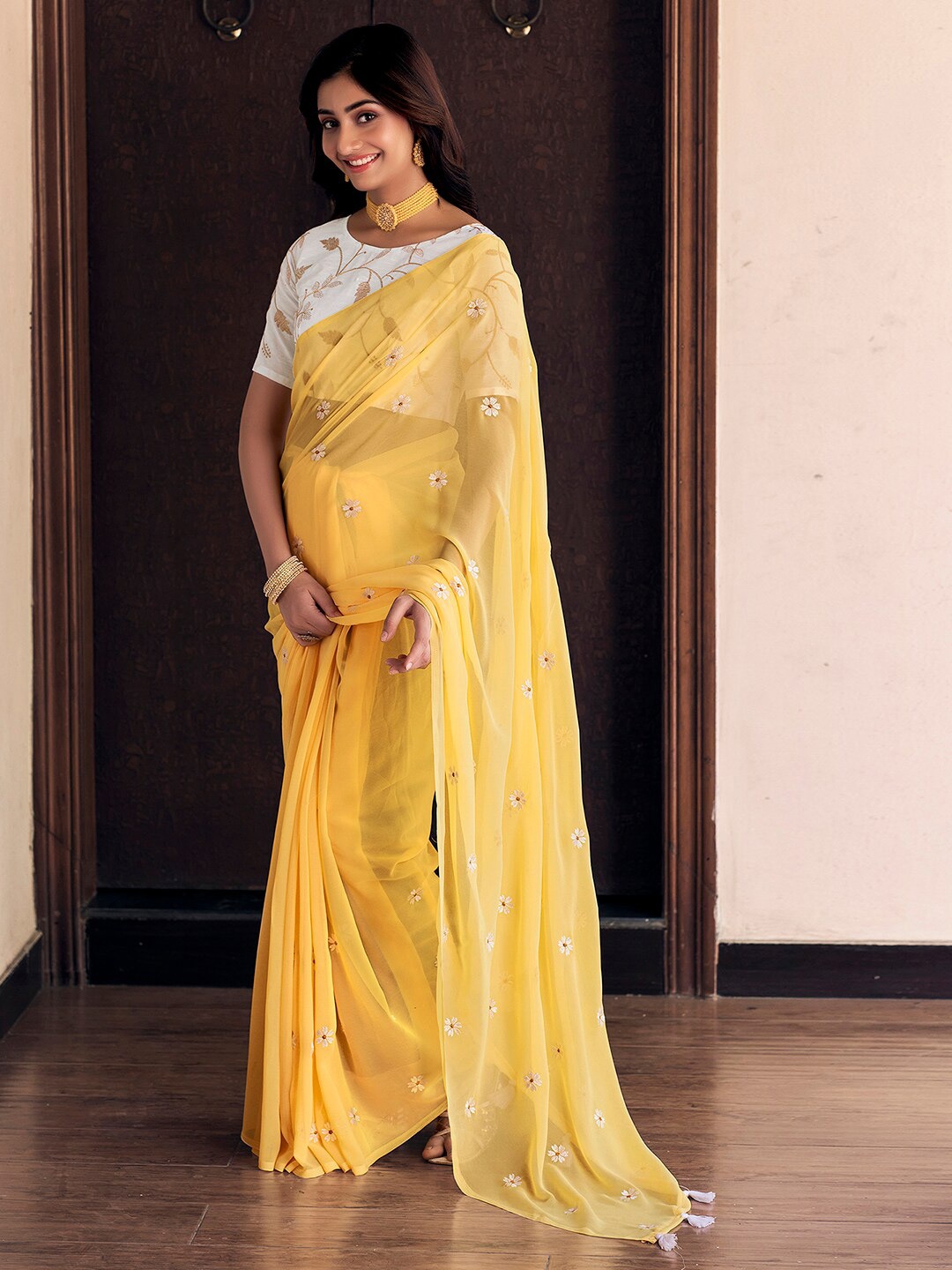 

Mitera Floral Embroidered Dabu Saree, Yellow