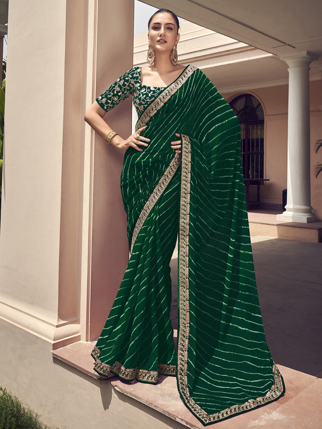 

Mitera Striped Zari Ready to Wear Leheriya Saree, Green
