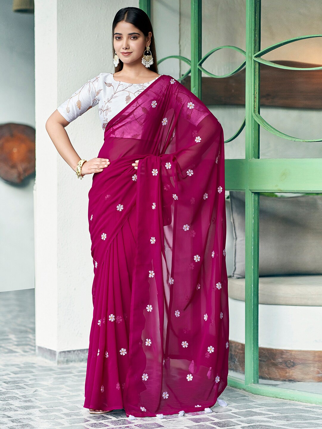 

Mitera Floral Embroidered Dabu Saree, Magenta