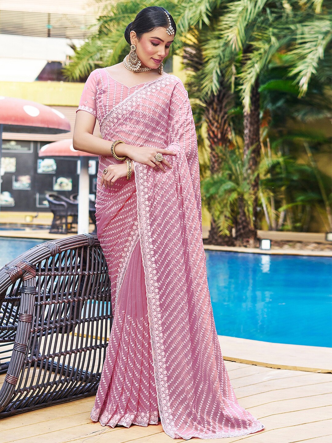 

Mitera Ethnic Motifs Embroidered Ready to Wear Leheriya Saree, Pink