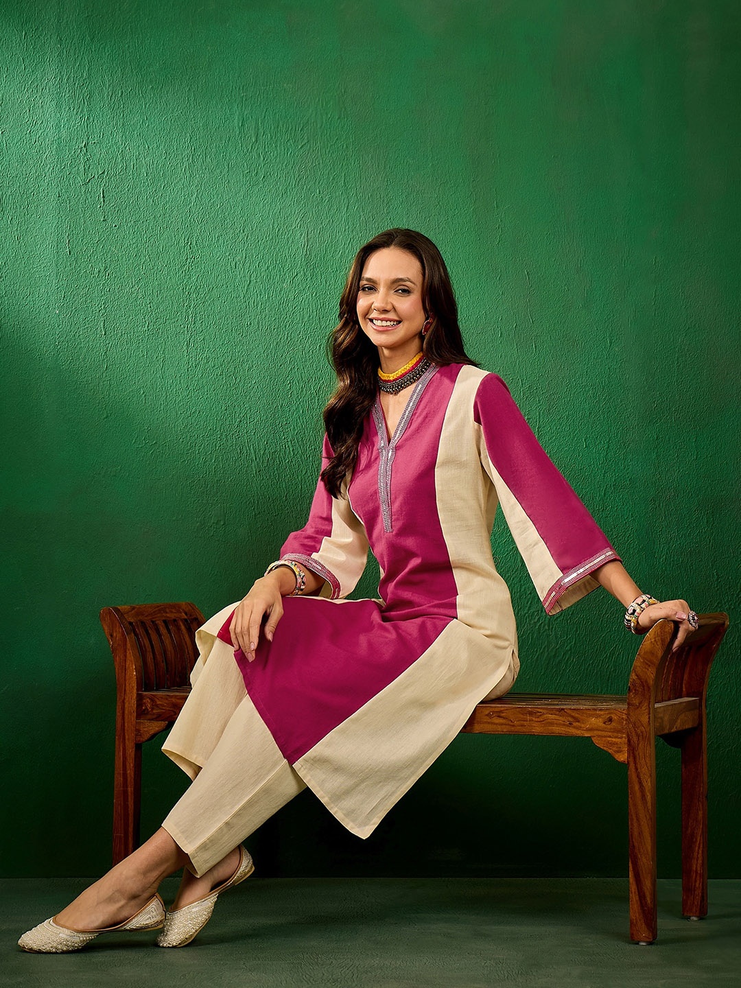 

Sangria Colourblocked Pure Cotton A-Line Kurta With Trouser, Magenta