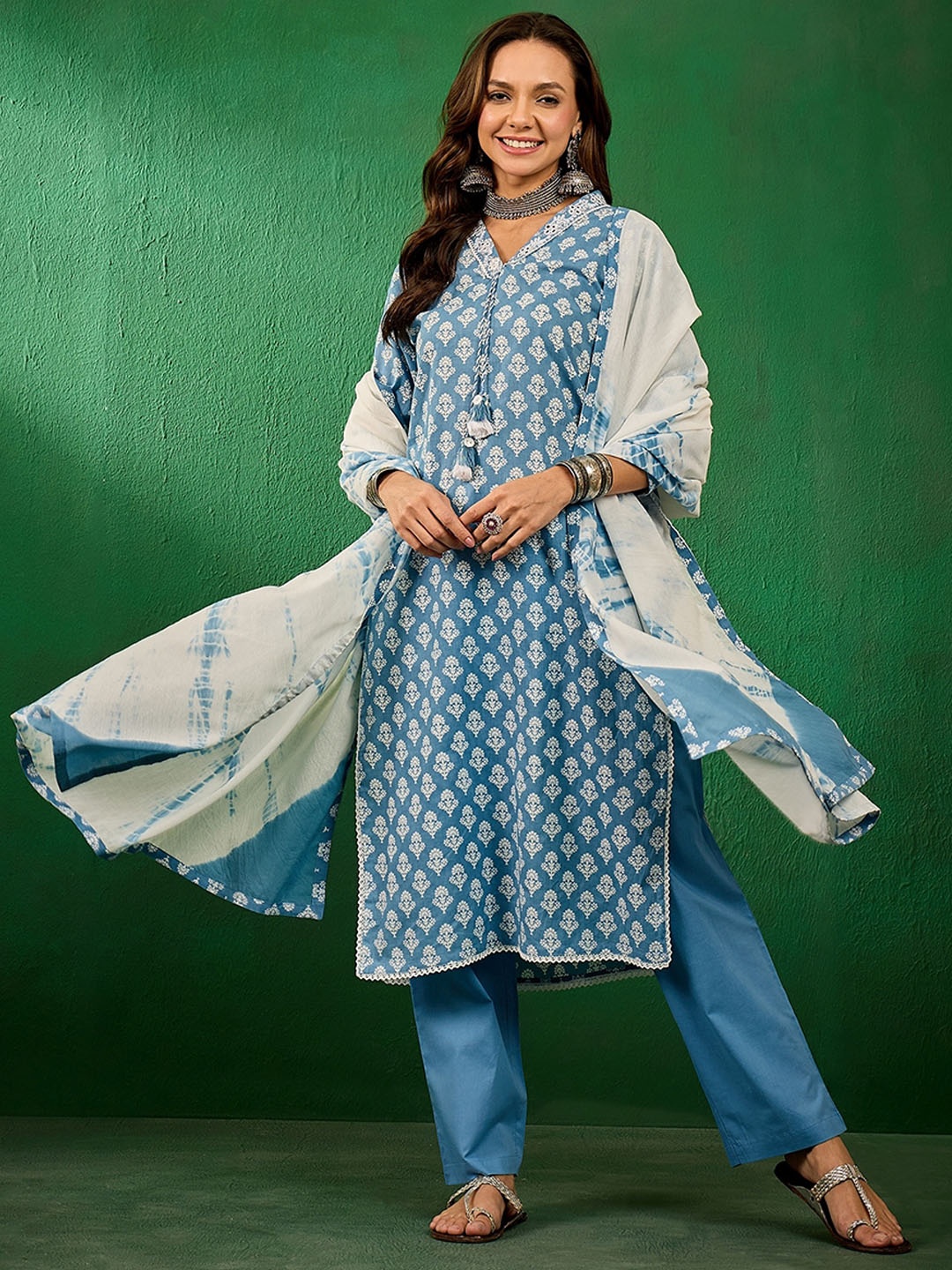 

Sangria Ethnic Motifs Printed Pure Cotton Straight Kurta With Trouser & Dupatta, Blue