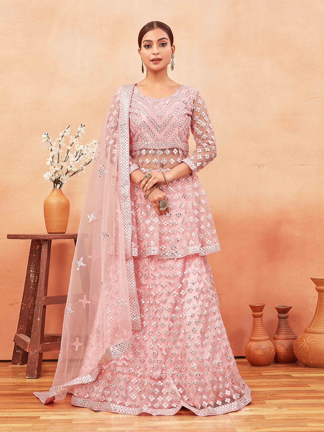 

Chandbaali Embroidered Mirror Work Semi-Stitched Lehenga & Unstitched Blouse With Dupatta, Pink
