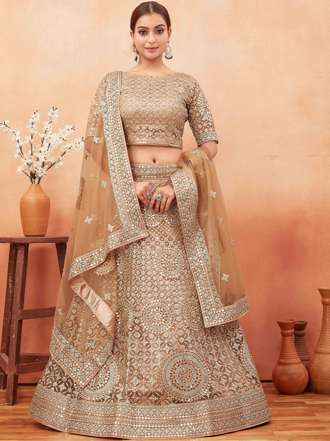 

Chandbaali Embroidered Mirror Work Semi-Stitched Lehenga & Unstitched Blouse With Dupatta, Cream
